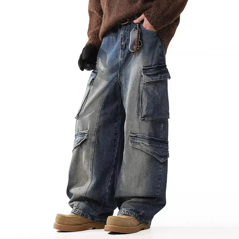 IEFB American Style Men's Denim Pants Washing Pockets Design Vintage Curved-knife Bottom Contrast Color Loose Male Jeans 9W3987