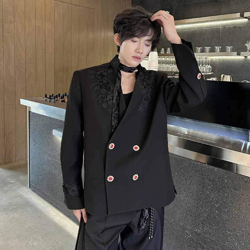 IEFB Summer Men's Blazers Solid Color Three-dimensional Rose Lace Patchwork Double Breasted Loose Male Suit Jackets New 9W3627