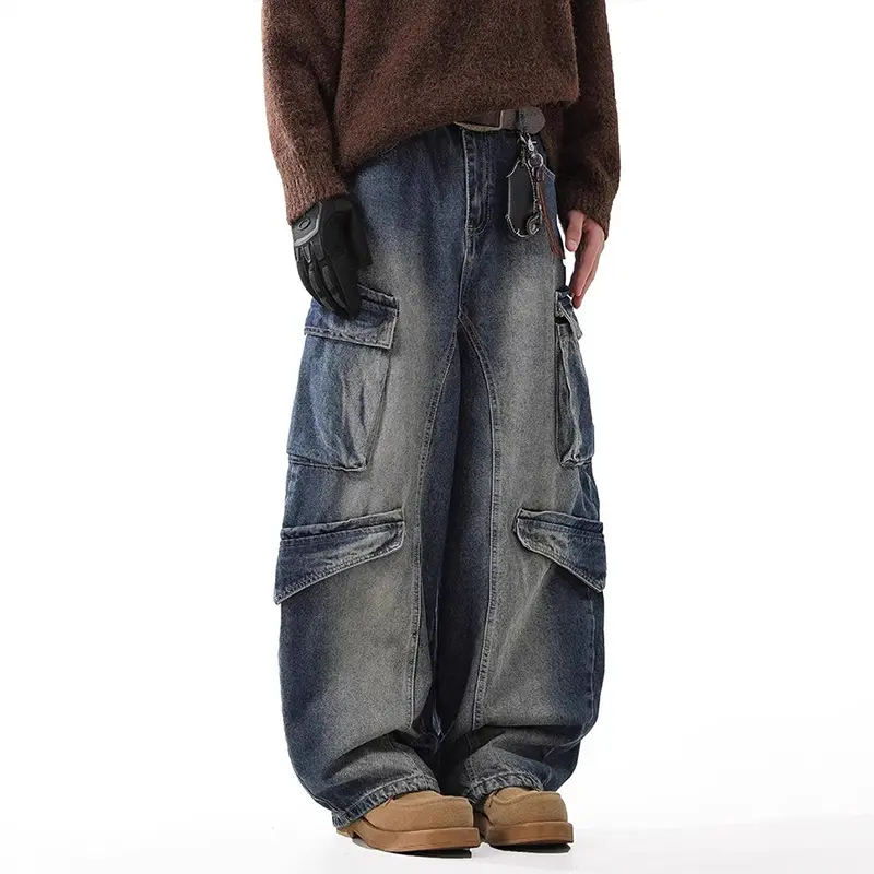 IEFB American Style Men's Denim Pants Washing Pockets Design Vintage Curved-knife Bottom Contrast Color Loose Male Jeans 9W3987