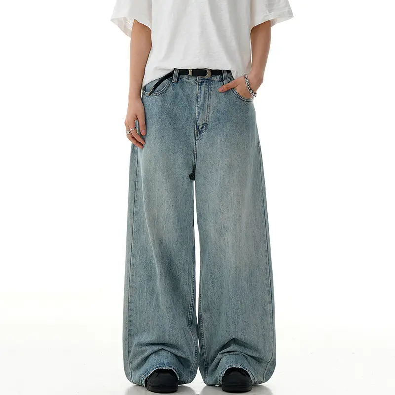 IEFB American Washed Blue Jeans Men's New Trendy Denim Pants Cleanfit Straight Loose Wide Leg Vintage Trousers Streetwear 9W3057