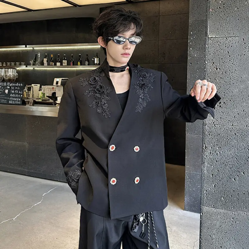 IEFB Summer Men's Blazers Solid Color Three-dimensional Rose Lace Patchwork Double Breasted Loose Male Suit Jackets New 9W3627