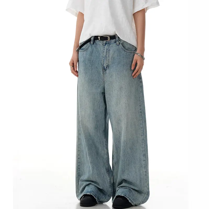 IEFB American Washed Blue Jeans Men's New Trendy Denim Pants Cleanfit Straight Loose Wide Leg Vintage Trousers Streetwear 9W3057