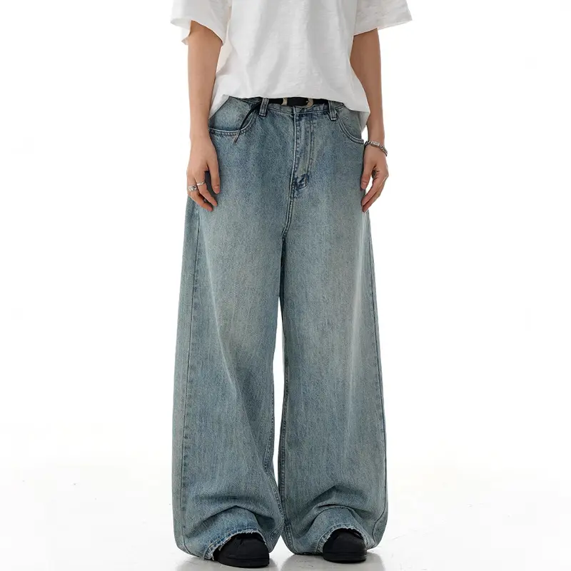 IEFB American Washed Blue Jeans Men's New Trendy Denim Pants Cleanfit Straight Loose Wide Leg Vintage Trousers Streetwear 9W3057