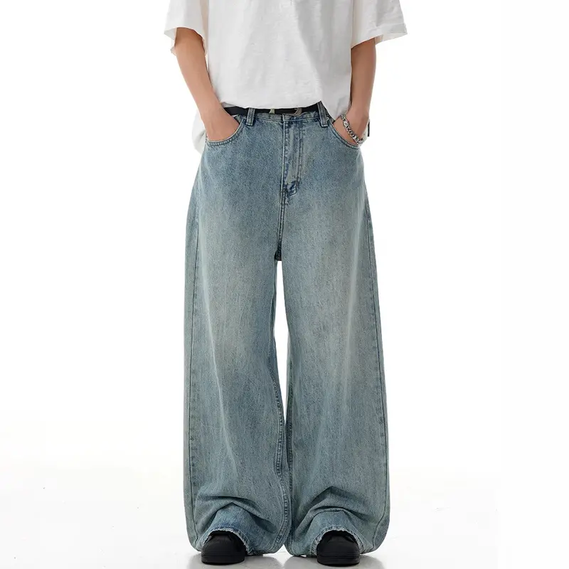 IEFB American Washed Blue Jeans Men's New Trendy Denim Pants Cleanfit Straight Loose Wide Leg Vintage Trousers Streetwear 9W3057