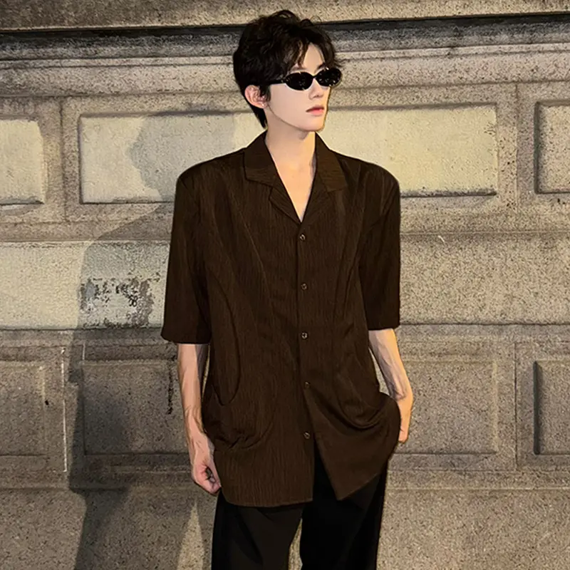IEFB New Summer Men's Shirts Lapel Solid Color Texture Short Sleeved Casual Menswear Loose Single Breasted Male Tops Chic 9W3610