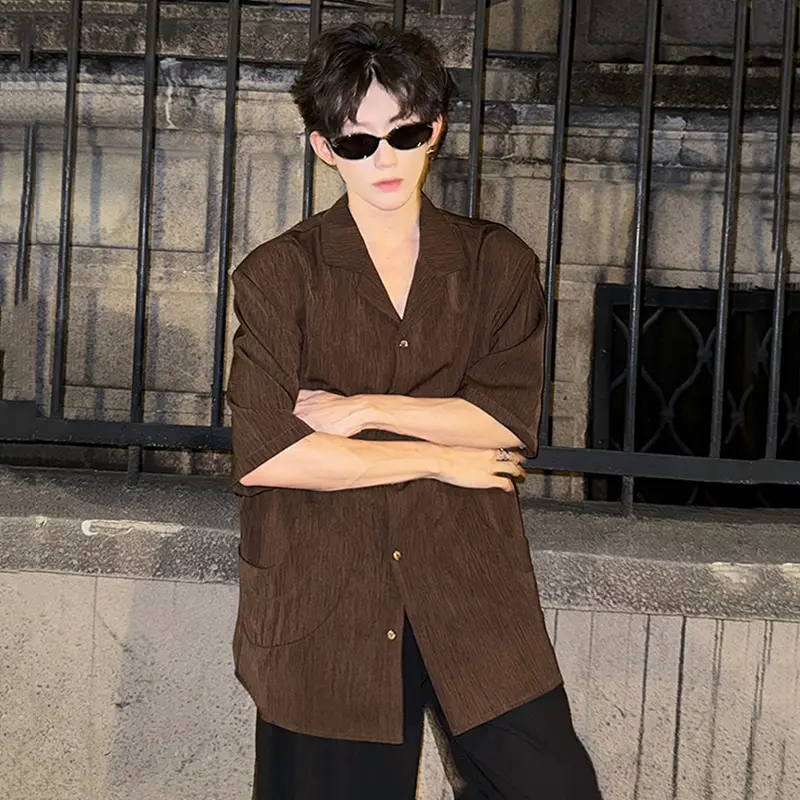 IEFB New Summer Men's Shirts Lapel Solid Color Texture Short Sleeved Casual Menswear Loose Single Breasted Male Tops Chic 9W3610