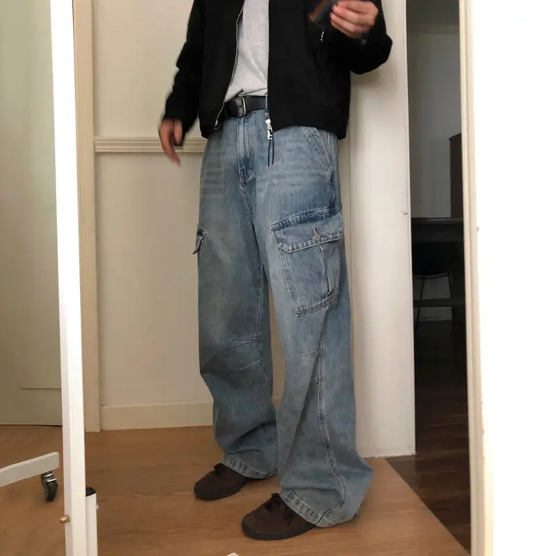 IEFB Korean Style Men's Denim Pants Washing Side Pocket Design Bottom All-match Straight Wide Leg Loose Male Jeans Simple 9W4258