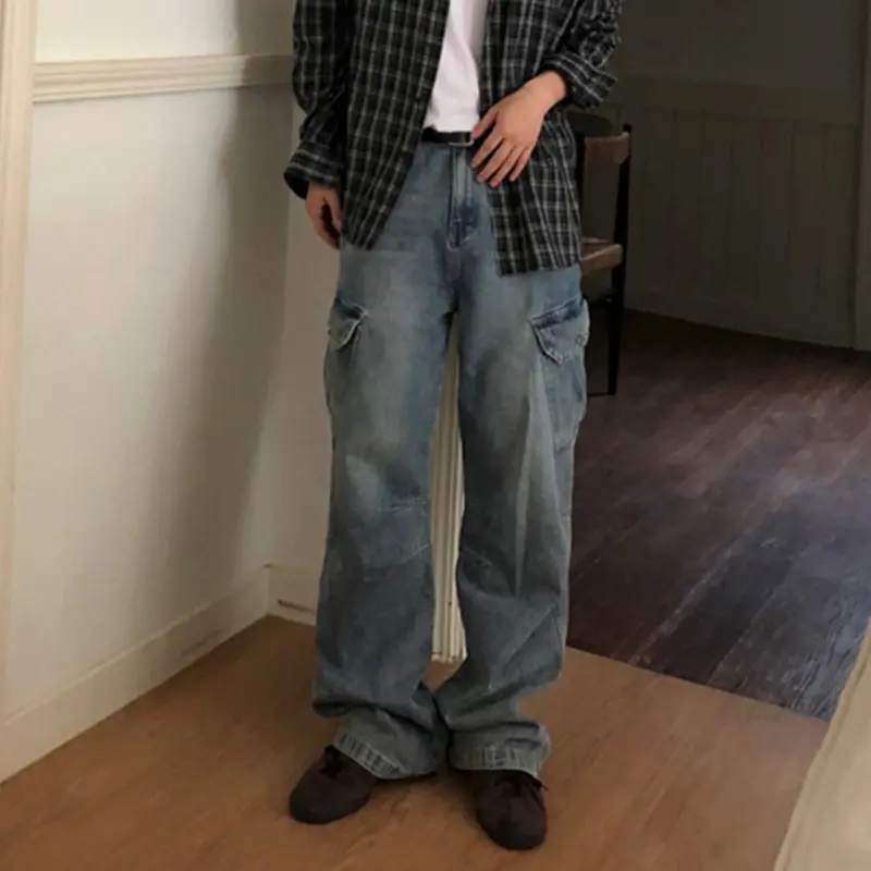 IEFB Korean Style Men's Denim Pants Washing Side Pocket Design Bottom All-match Straight Wide Leg Loose Male Jeans Simple 9W4258