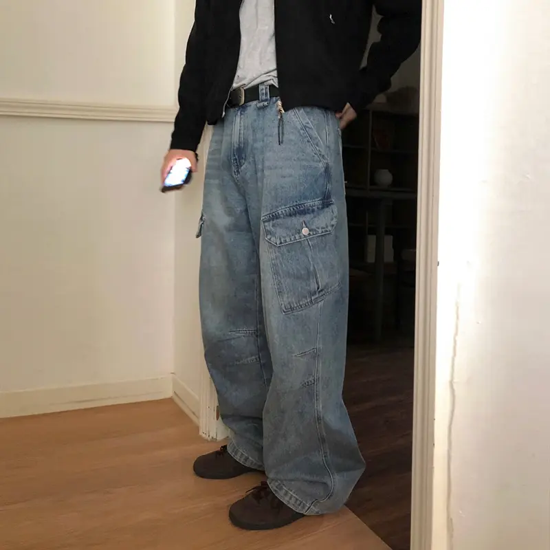 IEFB Korean Style Men's Denim Pants Washing Side Pocket Design Bottom All-match Straight Wide Leg Loose Male Jeans Simple 9W4258