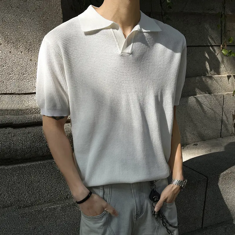 IEFB Simple New Men's Tees Knitting Turn-down Collar Solid Color Short Sleeved Tops Korean Loose Pullover Male T-shirts 9W3474