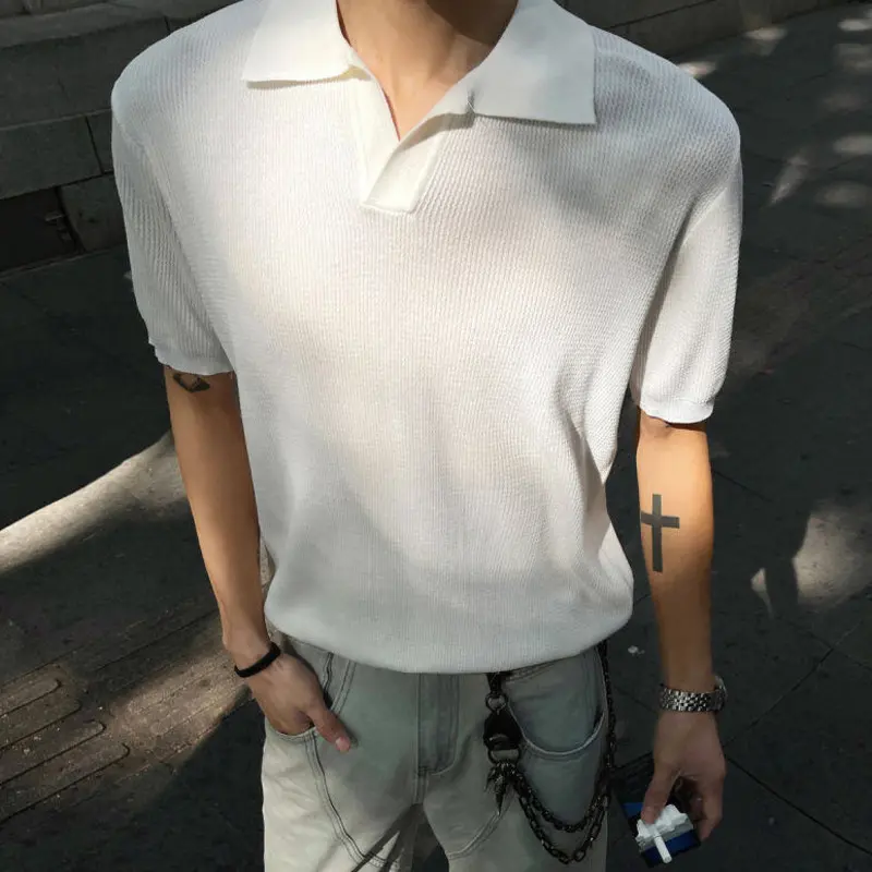 IEFB Simple New Men's Tees Knitting Turn-down Collar Solid Color Short Sleeved Tops Korean Loose Pullover Male T-shirts 9W3474