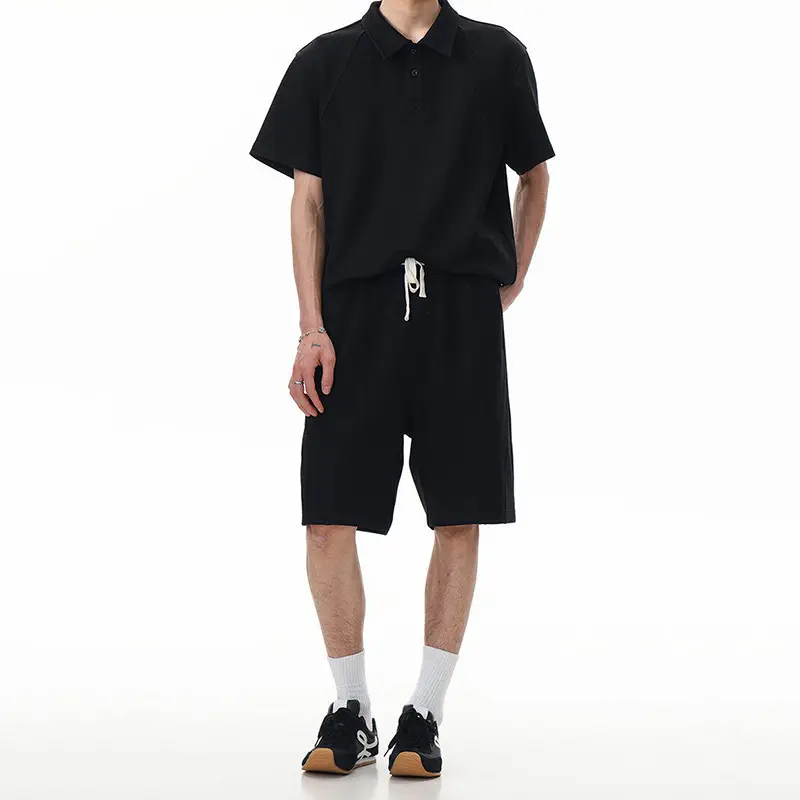 IEFB Simple Men's Two-piece Set Casual Loose Fit Summer Solid Color Male Suit Lapel Short Sleeve T-shirt Lace-up Shorts 9W3808