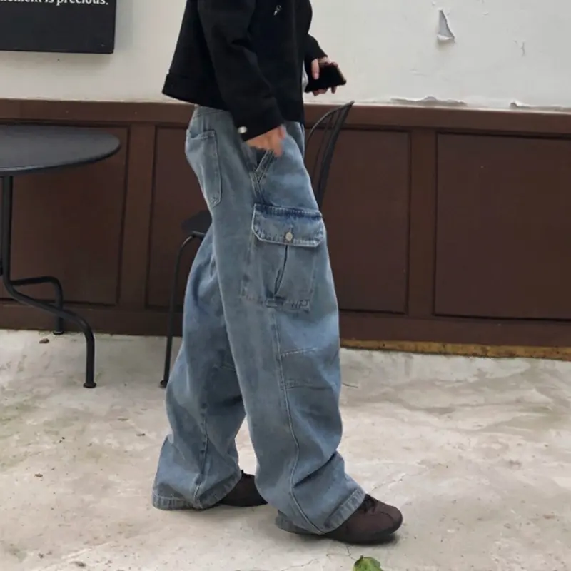 IEFB Korean Style Men's Denim Pants Washing Side Pocket Design Bottom All-match Straight Wide Leg Loose Male Jeans Simple 9W4258