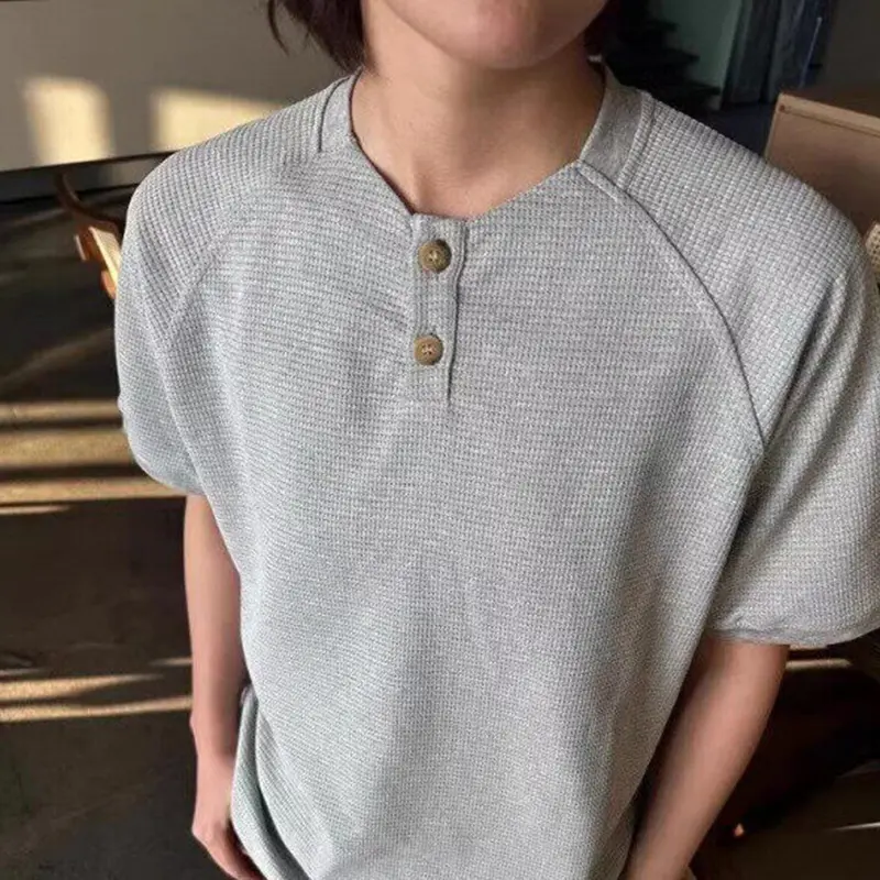 IEFB Round Collar Men's Tees Solid Color Simple Summer Casual Menswear Short Sleeved Button Design Loose Male T-shirts 9W2834