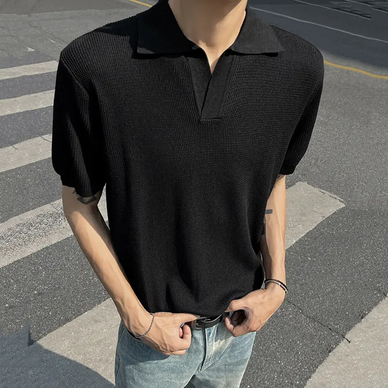 IEFB Simple New Men's Tees Knitting Turn-down Collar Solid Color Short Sleeved Tops Korean Loose Pullover Male T-shirts 9W3474