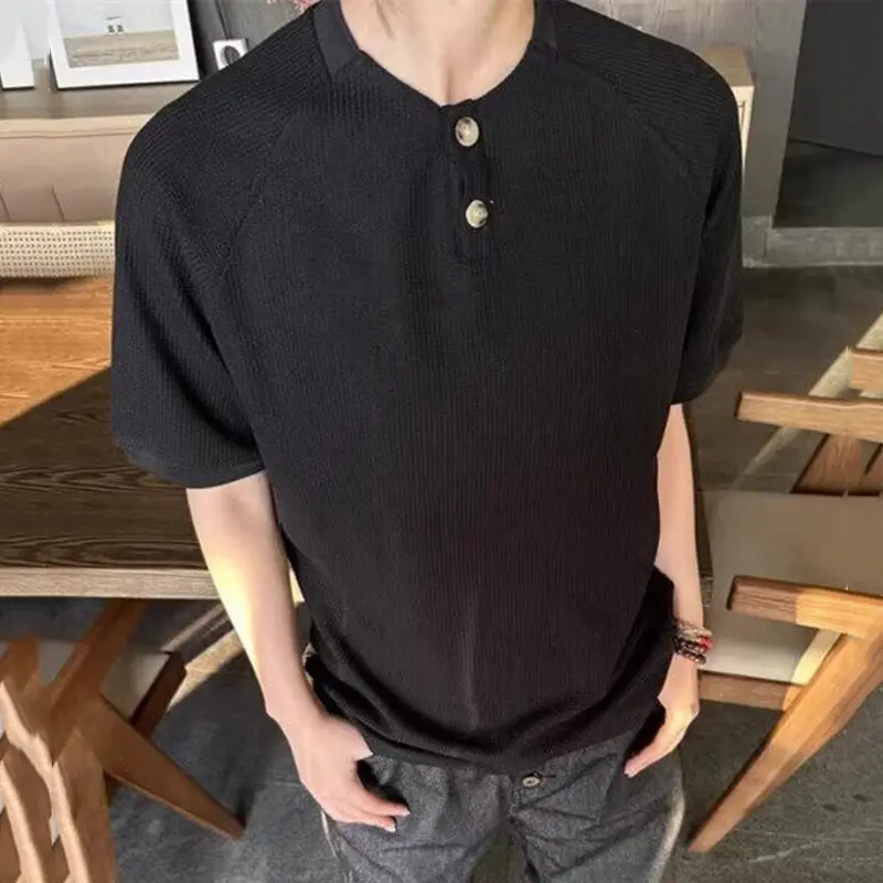 IEFB Round Collar Men's Tees Solid Color Simple Summer Casual Menswear Short Sleeved Button Design Loose Male T-shirts 9W2834