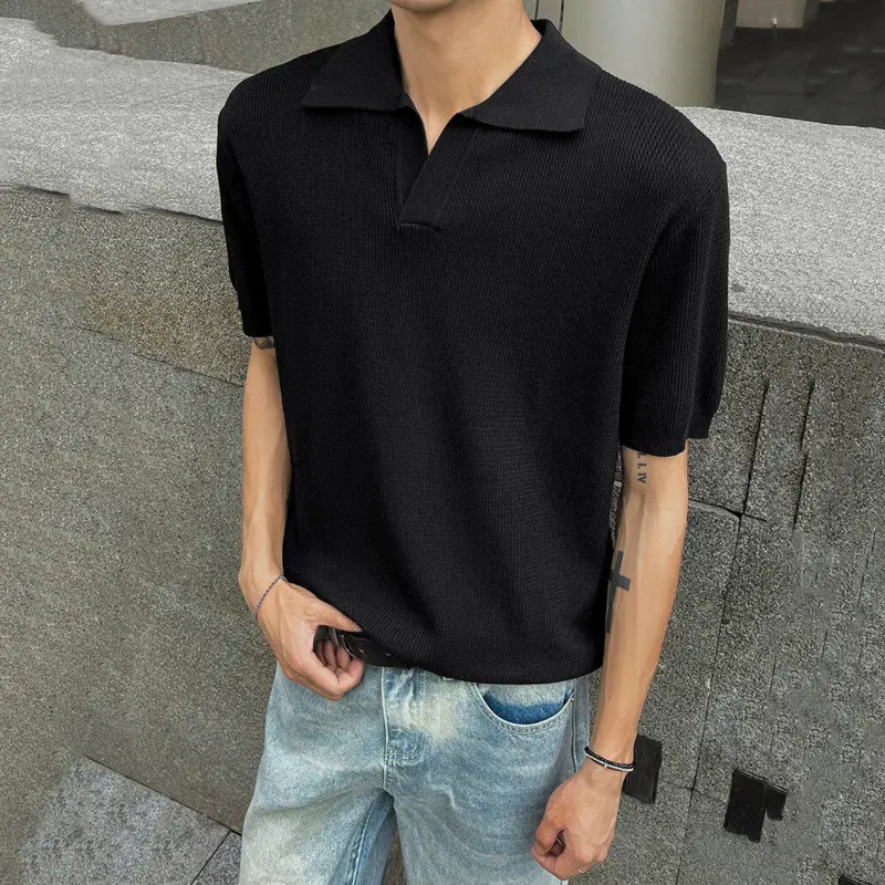IEFB Simple New Men's Tees Knitting Turn-down Collar Solid Color Short Sleeved Tops Korean Loose Pullover Male T-shirts 9W3474