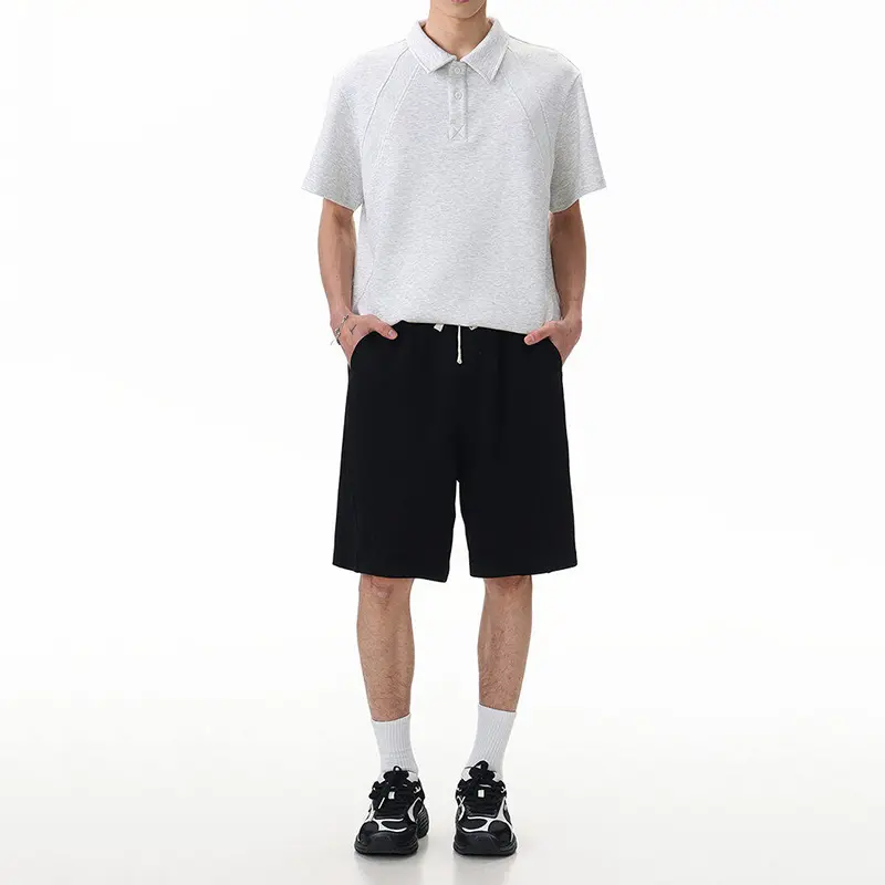 IEFB Simple Men's Two-piece Set Casual Loose Fit Summer Solid Color Male Suit Lapel Short Sleeve T-shirt Lace-up Shorts 9W3808