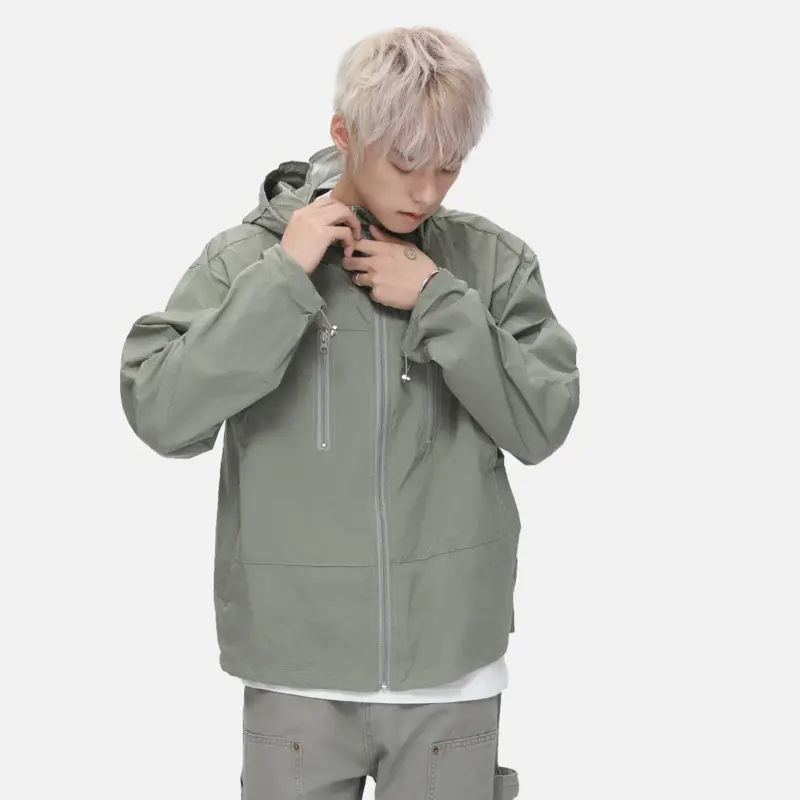 IEFB New Fashion Men's Jackets Hooded Drawstring Zipper Patchwork Solid Color Sun-protective Clothing Simple Male Coats 9W3418