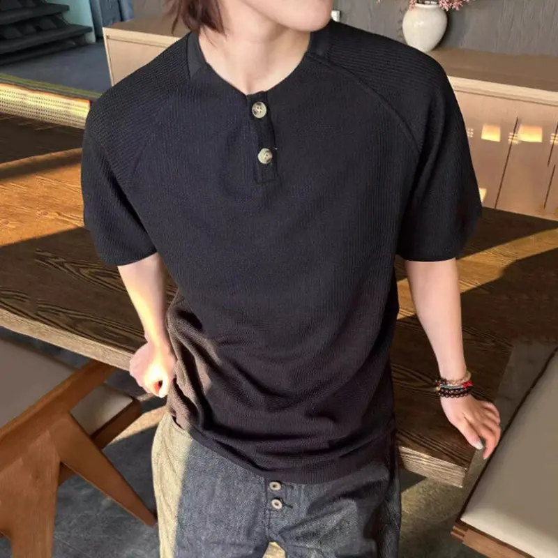 IEFB Round Collar Men's Tees Solid Color Simple Summer Casual Menswear Short Sleeved Button Design Loose Male T-shirts 9W2834