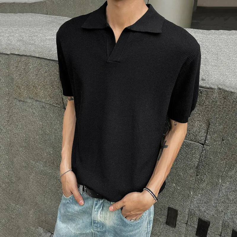 IEFB Simple New Men's Tees Knitting Turn-down Collar Solid Color Short Sleeved Tops Korean Loose Pullover Male T-shirts 9W3474