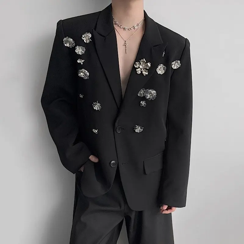 IEFB Fashion New Men's Blazers Metal Flowers Decoration Single Breatsed Loose Lapel Solid Color Loose Male Suit Jackets 9W4245