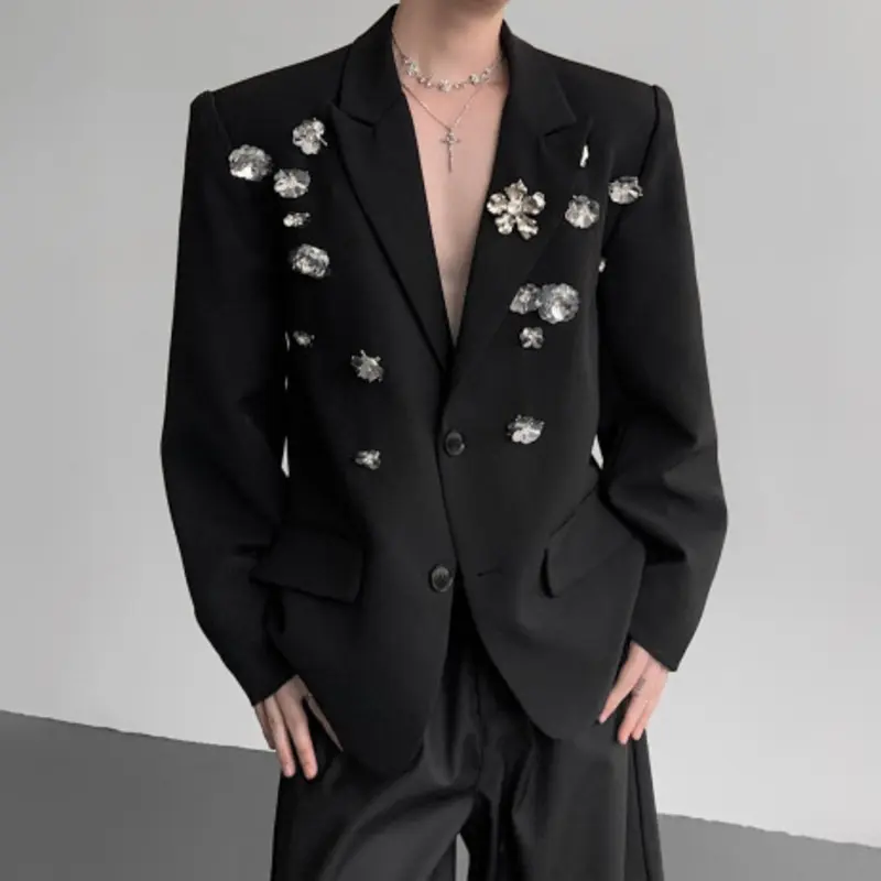IEFB Fashion New Men's Blazers Metal Flowers Decoration Single Breatsed Loose Lapel Solid Color Loose Male Suit Jackets 9W4245