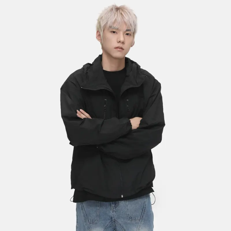 IEFB New Fashion Men's Jackets Hooded Drawstring Zipper Patchwork Solid Color Sun-protective Clothing Simple Male Coats 9W3418