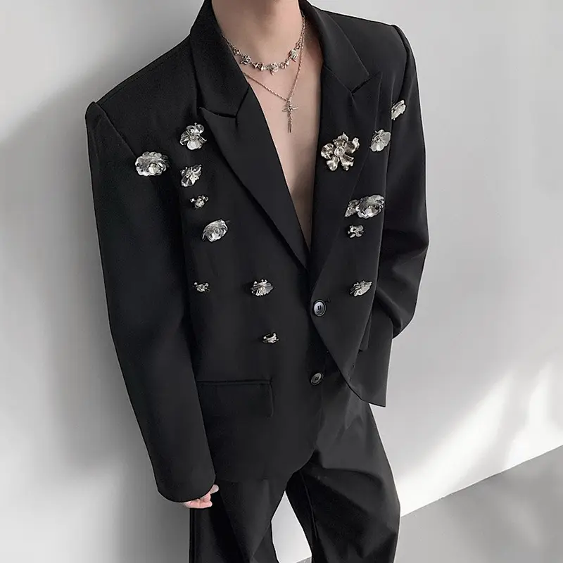 IEFB Fashion New Men's Blazers Metal Flowers Decoration Single Breatsed Loose Lapel Solid Color Loose Male Suit Jackets 9W4245