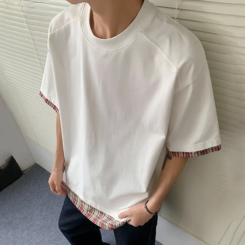 IEFB Men's Short Sleeve T-shirts New Summer Plaid Flanging Design Fake Two-piece Solid Color Trendy Male Pullover Tops 9W2212