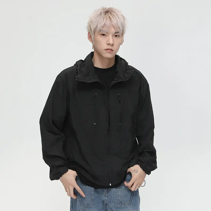 IEFB New Fashion Men's Jackets Hooded Drawstring Zipper Patchwork Solid Color Sun-protective Clothing Simple Male Coats 9W3418