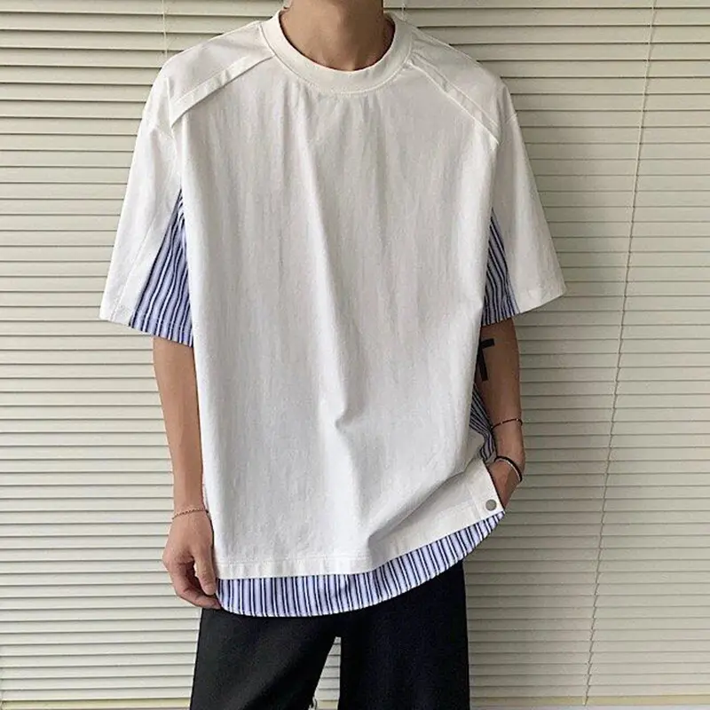 IEFB Men's Short Sleeve T-shirts Striped Fake Two-piece Spliced New Korean Style Pullover Male Summer Clothing 2025 9W2220