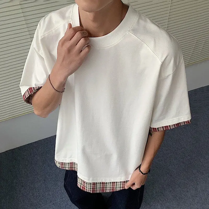 IEFB Men's Short Sleeve T-shirts New Summer Plaid Flanging Design Fake Two-piece Solid Color Trendy Male Pullover Tops 9W2212