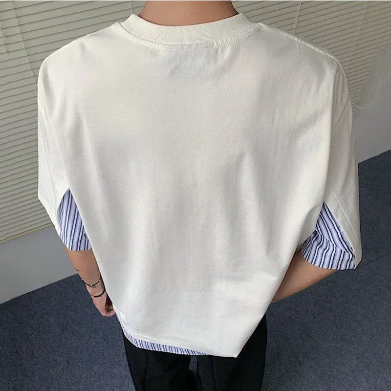 IEFB Men's Short Sleeve T-shirts Striped Fake Two-piece Spliced New Korean Style Pullover Male Summer Clothing 2025 9W2220