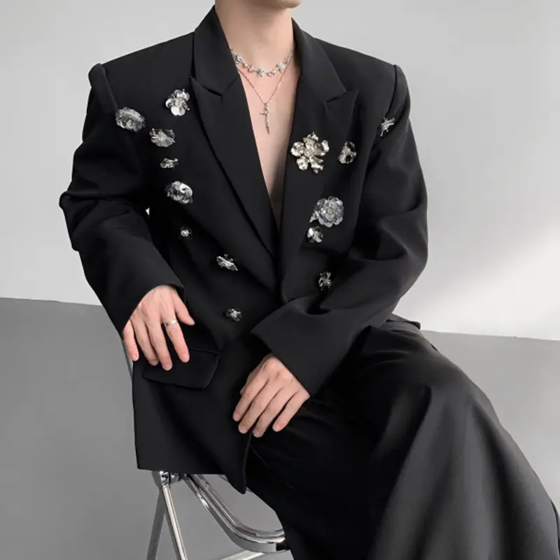 IEFB Fashion New Men's Blazers Metal Flowers Decoration Single Breatsed Loose Lapel Solid Color Loose Male Suit Jackets 9W4245