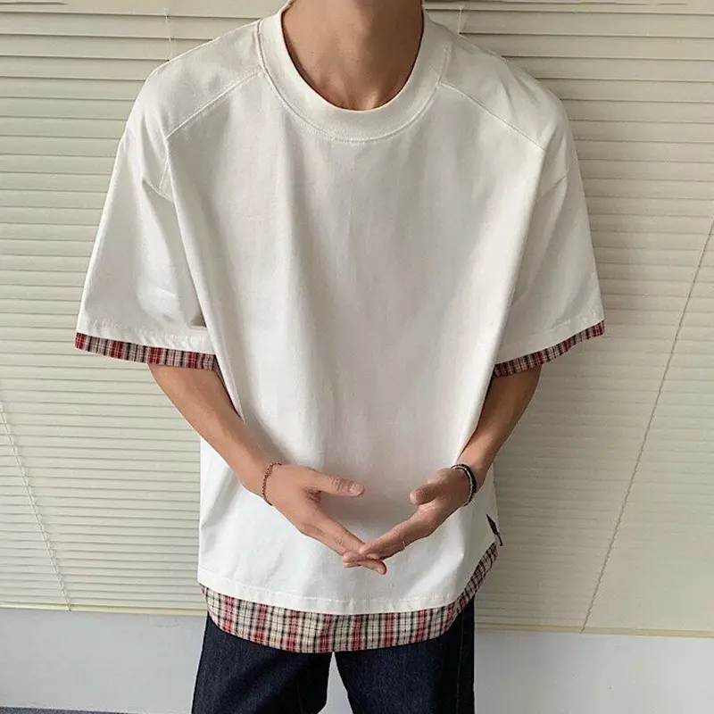 IEFB Men's Short Sleeve T-shirts New Summer Plaid Flanging Design Fake Two-piece Solid Color Trendy Male Pullover Tops 9W2212