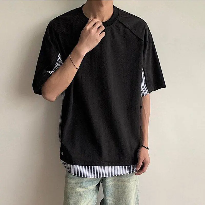 IEFB Men's Short Sleeve T-shirts Striped Fake Two-piece Spliced New Korean Style Pullover Male Summer Clothing 2025 9W2220