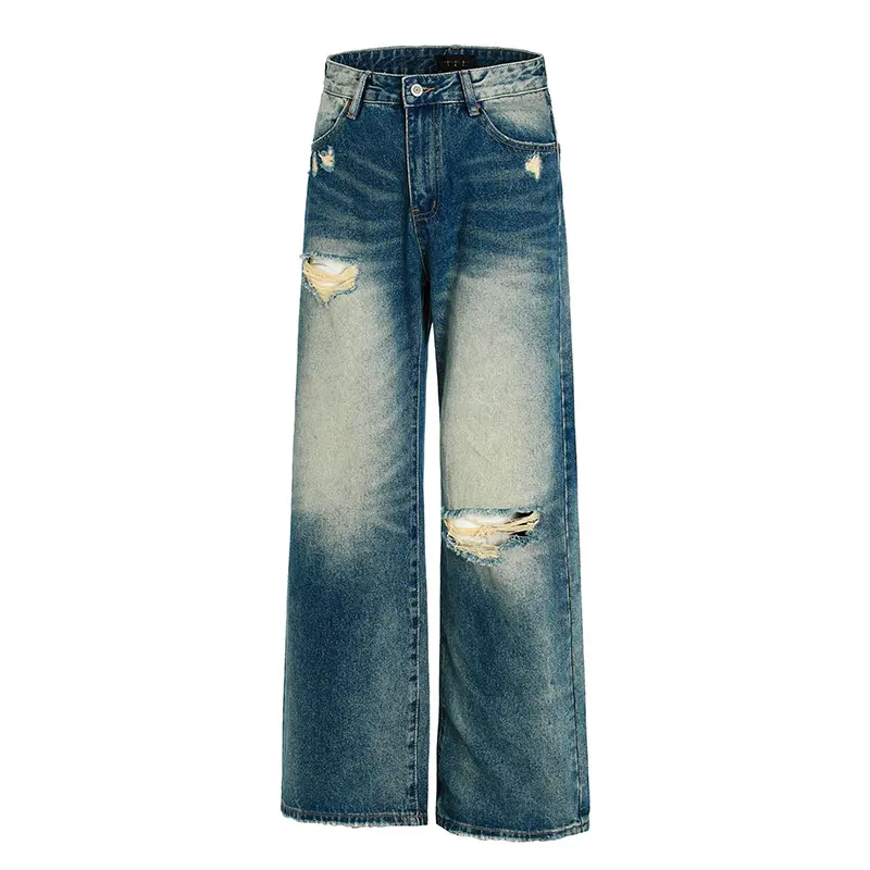 IEFB Niche Design Men's Denim Pants Washing Contrast Color Holes Worn-out Bottom Straight Leg Stylish Male Jean Summer 9W3082