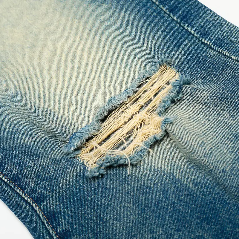 IEFB Niche Design Men's Denim Pants Washing Contrast Color Holes Worn-out Bottom Straight Leg Stylish Male Jean Summer 9W3082
