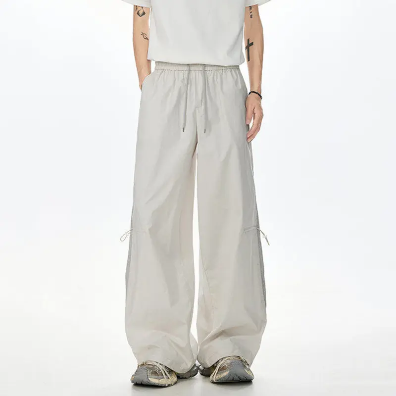 IEFB New Summer Men's Casual Pants Solid Color Elastic Waist Contrast Color Ice Silk Mesh Hollow Out Drawstring Bottom 9W3341