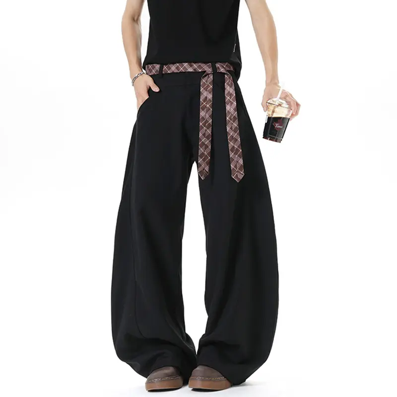 IEFB Men's Trousers Wide Leg Solid Color American Style Tie Ribbon Design Curved Knife Casual Pants 2025 Summer New Tide 9W3685