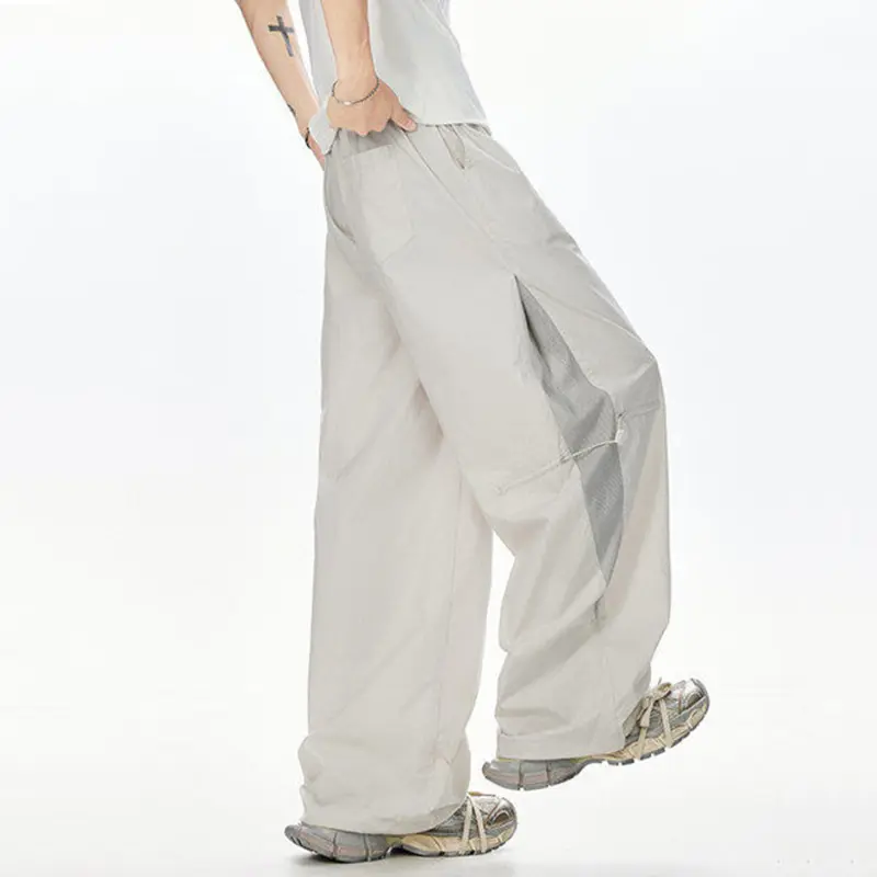 IEFB New Summer Men's Casual Pants Solid Color Elastic Waist Contrast Color Ice Silk Mesh Hollow Out Drawstring Bottom 9W3341