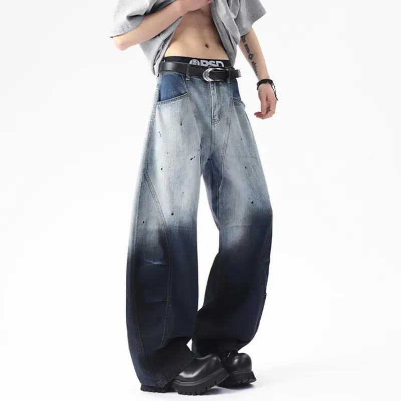 IEFB Niche Design Men's Denim Pants Casual Gradient Color Washing Menswear Splash-ink Straight Wide Leg Loose Male Jeans 9W2647