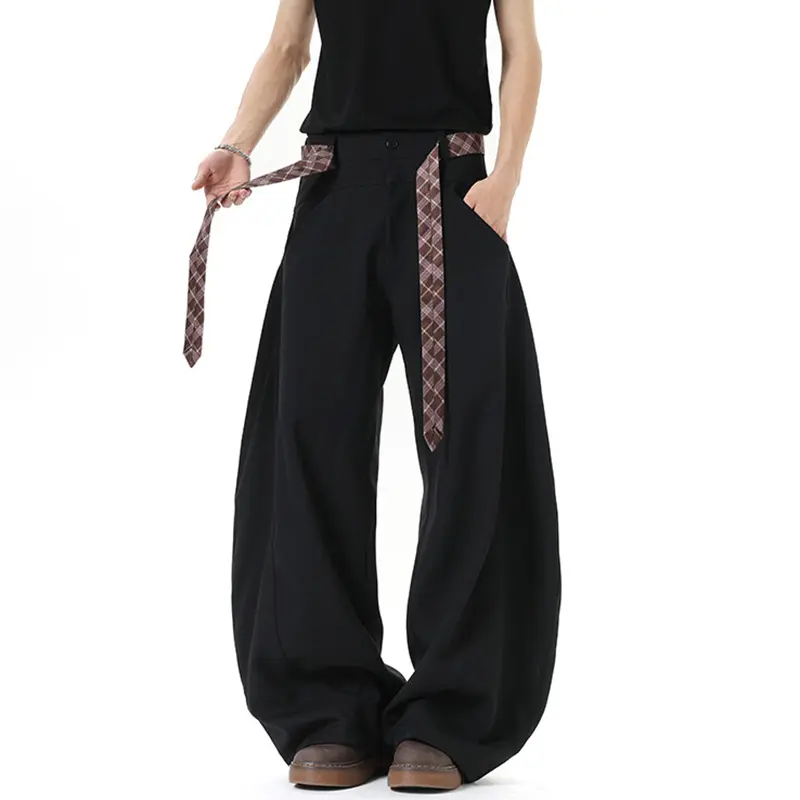 IEFB Men's Trousers Wide Leg Solid Color American Style Tie Ribbon Design Curved Knife Casual Pants 2025 Summer New Tide 9W3685