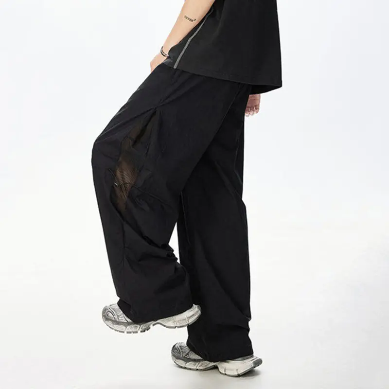 IEFB New Summer Men's Casual Pants Solid Color Elastic Waist Contrast Color Ice Silk Mesh Hollow Out Drawstring Bottom 9W3341