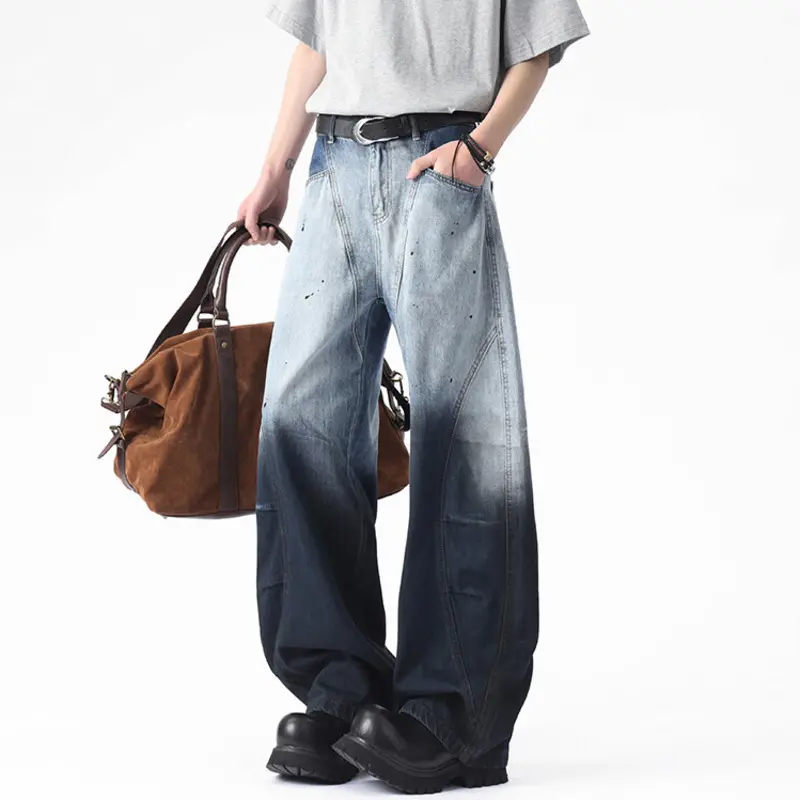 IEFB Niche Design Men's Denim Pants Casual Gradient Color Washing Menswear Splash-ink Straight Wide Leg Loose Male Jeans 9W2647
