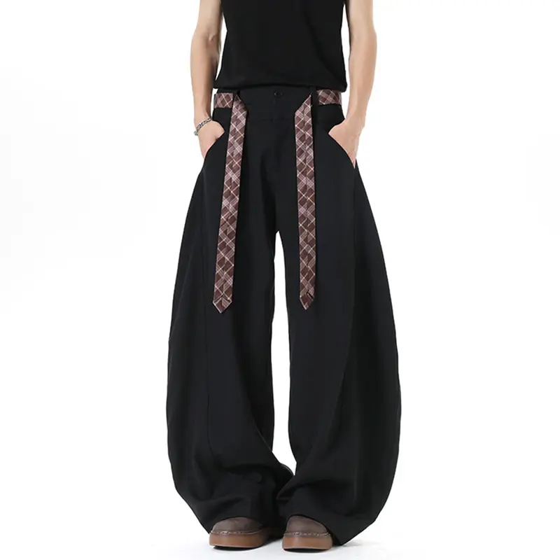 IEFB Men's Trousers Wide Leg Solid Color American Style Tie Ribbon Design Curved Knife Casual Pants 2025 Summer New Tide 9W3685