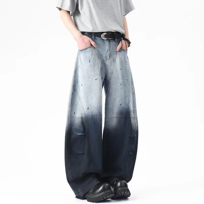 IEFB Niche Design Men's Denim Pants Casual Gradient Color Washing Menswear Splash-ink Straight Wide Leg Loose Male Jeans 9W2647
