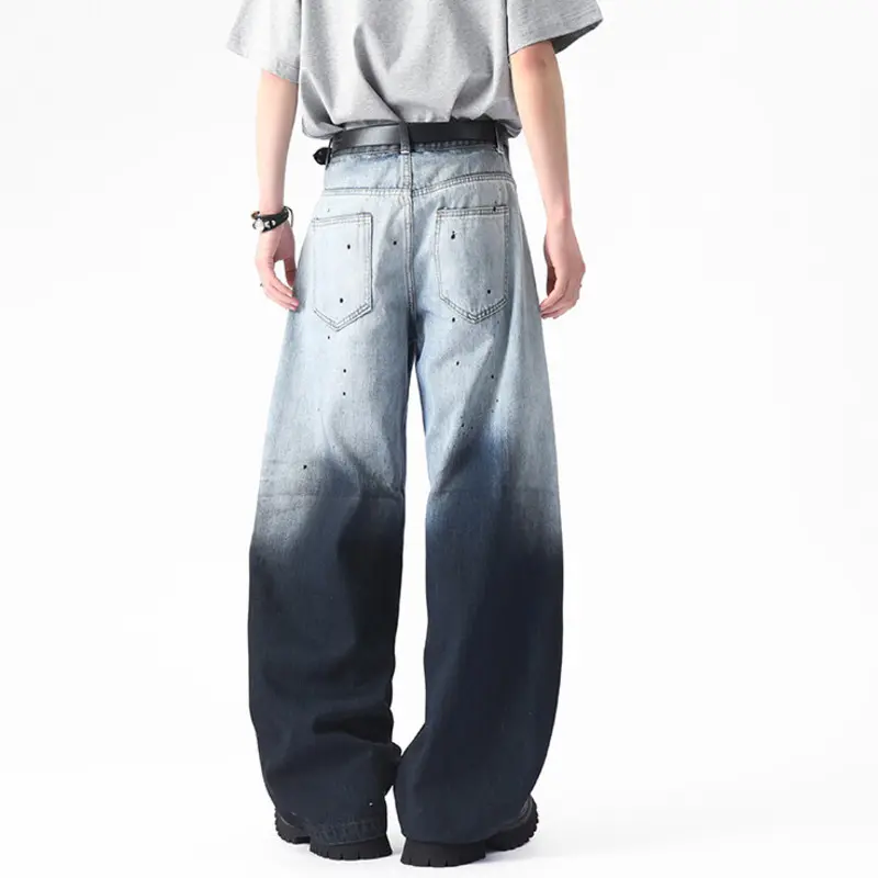 IEFB Niche Design Men's Denim Pants Casual Gradient Color Washing Menswear Splash-ink Straight Wide Leg Loose Male Jeans 9W2647