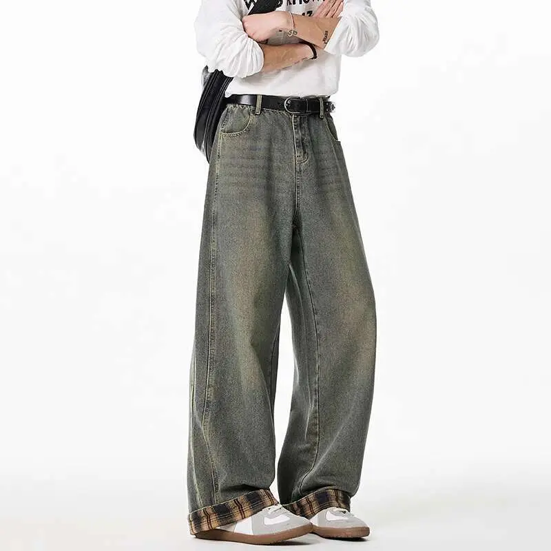 IEFB Summer Men's Jeans Spliced Plaid Straight Leg Long Denim Pants Semi-elastic waistband Split Design New Fashion 9W3466